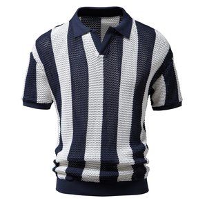 Men's 2023 summer lapel mesh shirt hollowed out short-sleeved fishnet shirt
